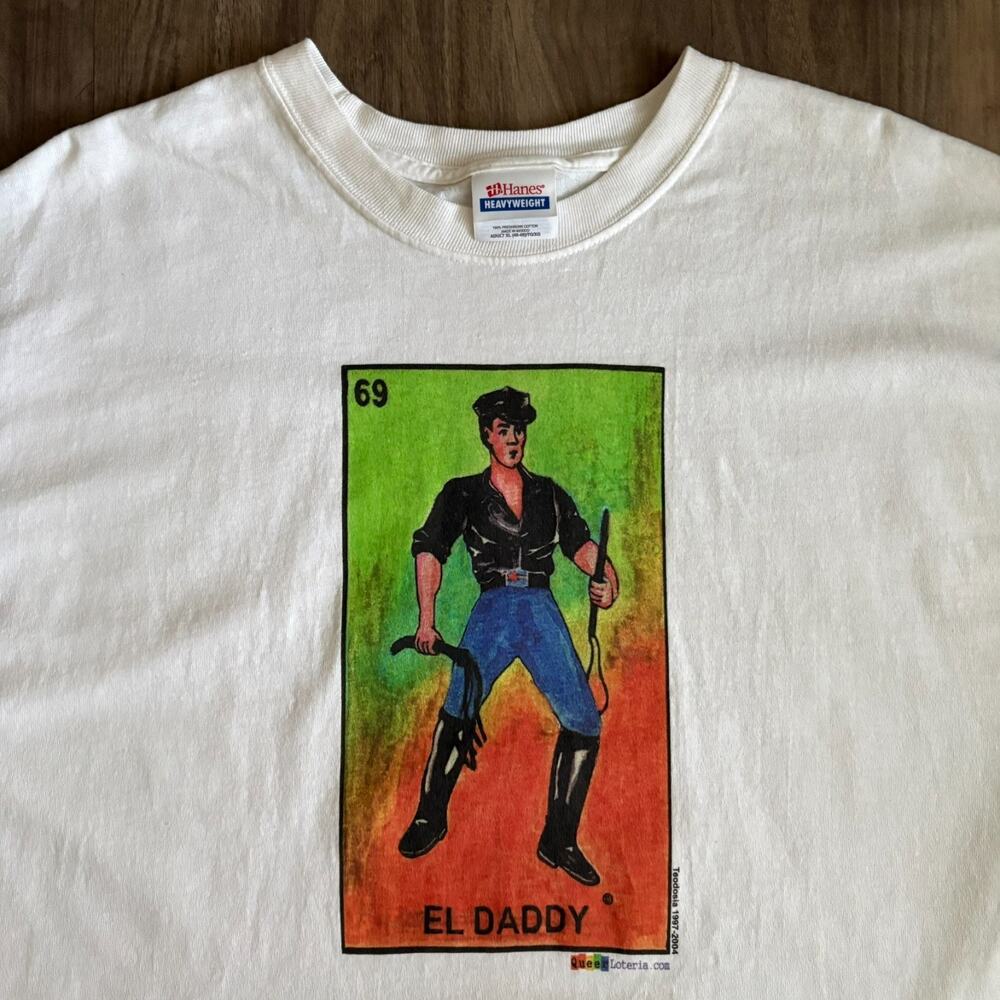 Vintage Gay Leather BDSM T-Shirt Men's Size XL El Daddy Queer Loteria White